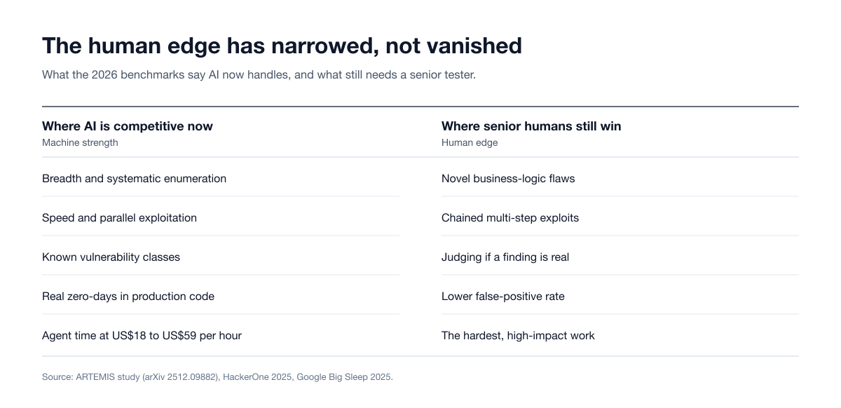 Two-column table: AI is now competitive at breadth and systematic enumeration, speed and parallel exploitation, known vulnerability classes and real zero-days in production code, at US$18 to US$59 per hour of agent time, while senior human testers still win on novel business-logic flaws, chained multi-step exploits, judging whether a finding is real, a lower false-positive rate and the hardest, high-impact work.