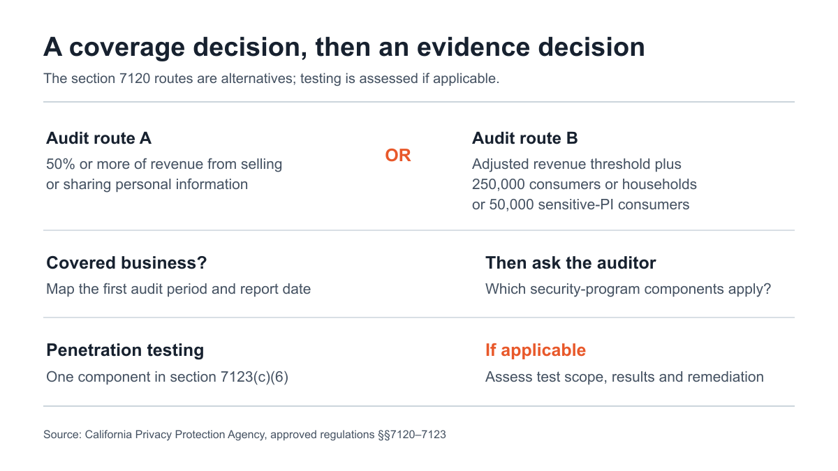 Decision diagram showing the audit-coverage routes, first-report timing and separate test-applicability question