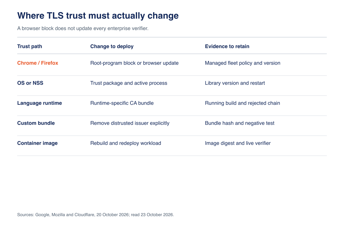 Trust-path matrix for browser, system, runtime, custom bundle and container certificate verification