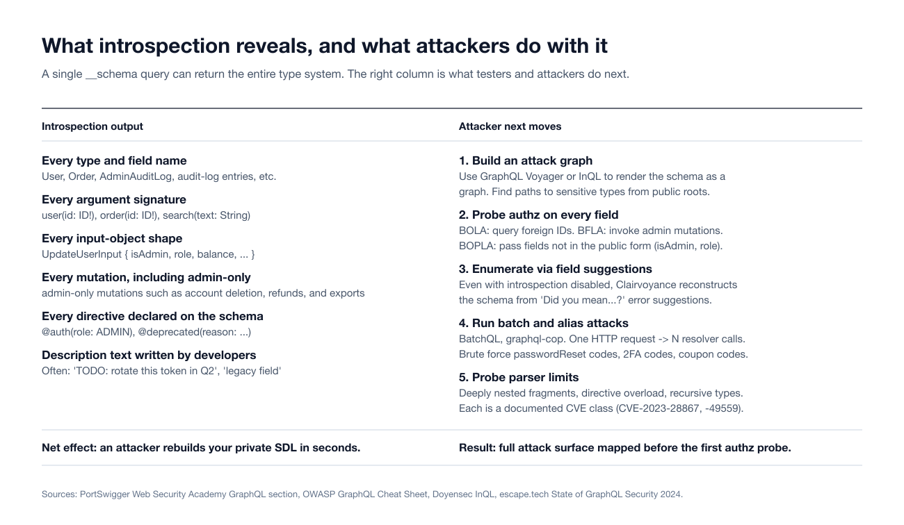 Two-column table of what a GraphQL introspection query reveals, from every type and field name to developer description text, beside the five next moves testers and attackers make with it, from building an attack graph to probing parser limits