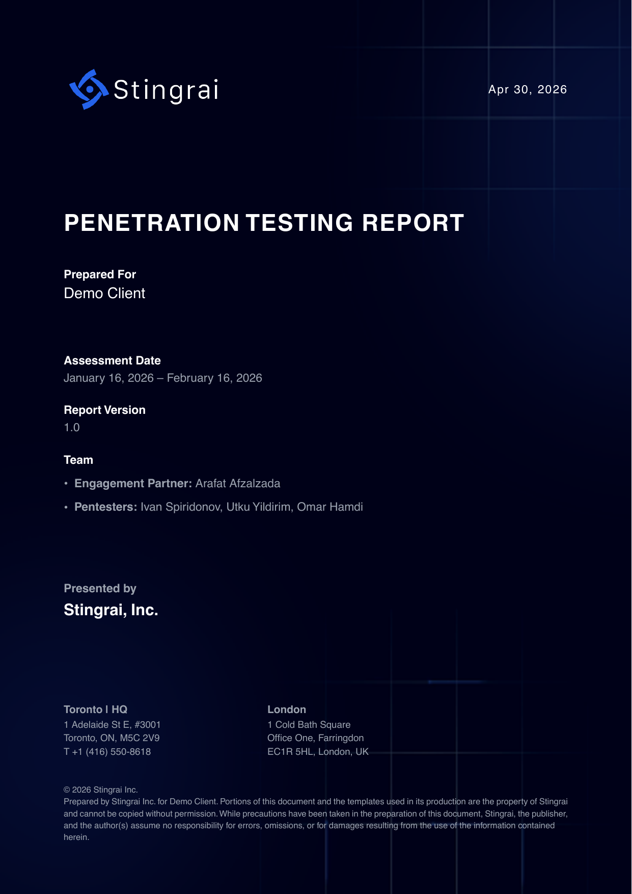 Cover page of the sample penetration testing report