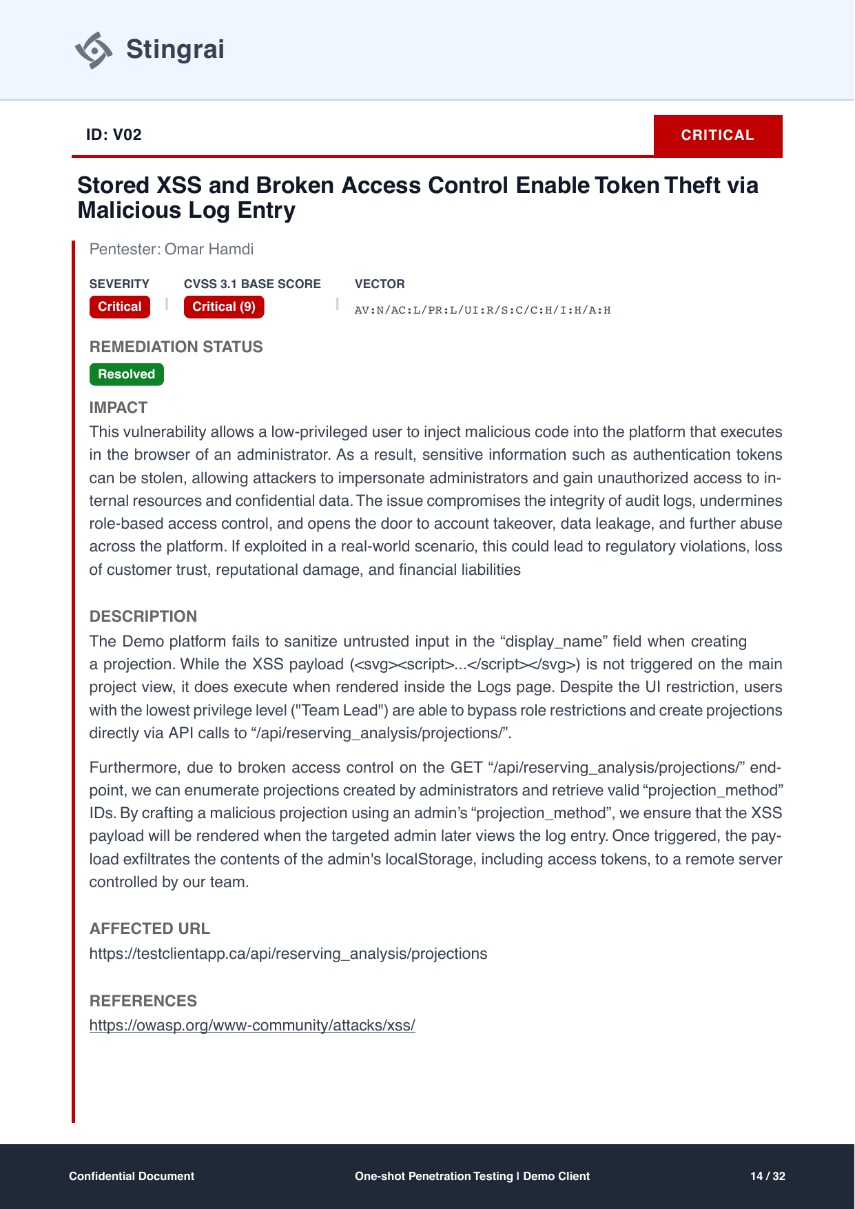 Detailed finding page for V02, stored XSS chained with broken access control
