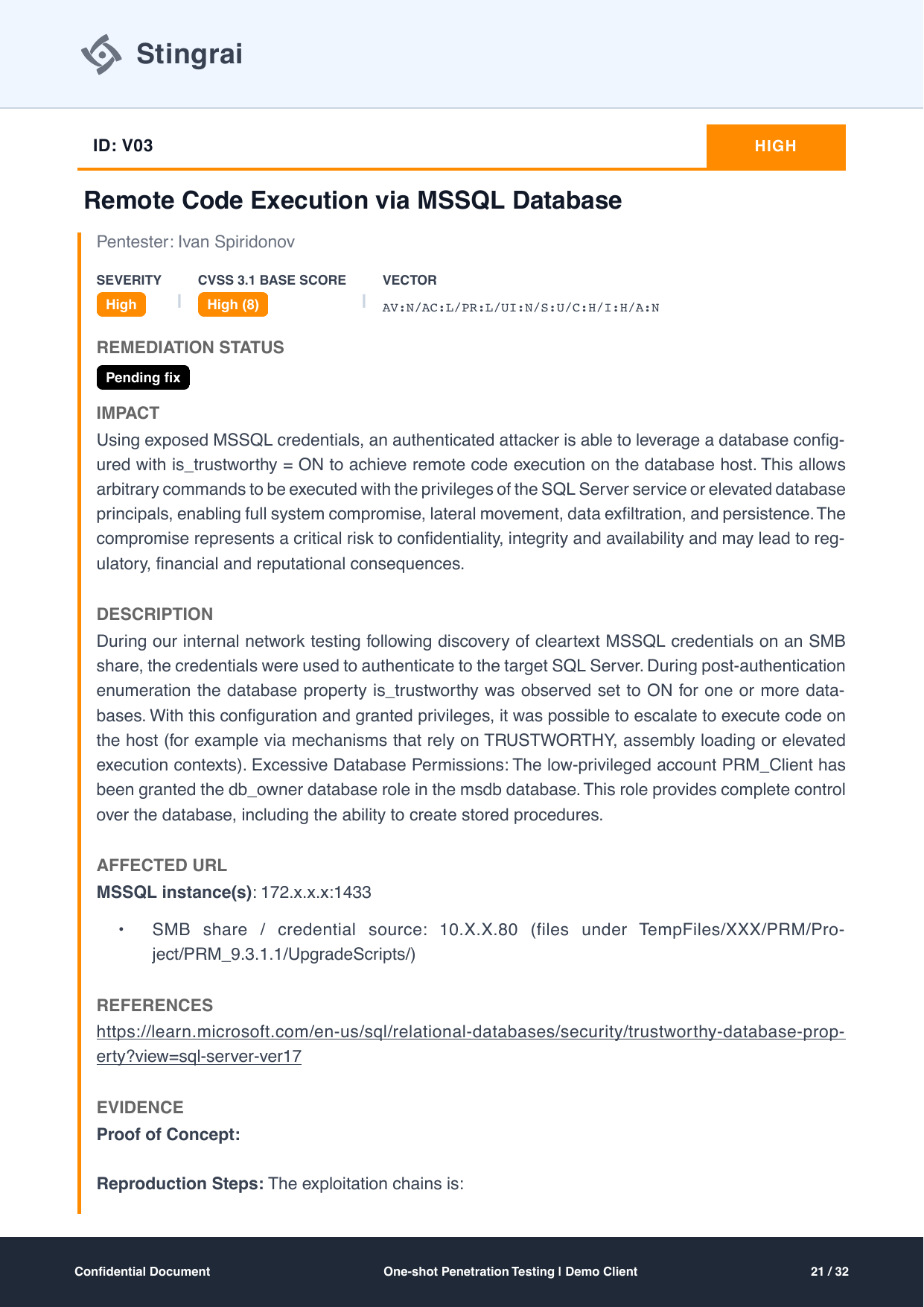 Detailed finding page for V03, remote code execution via MSSQL