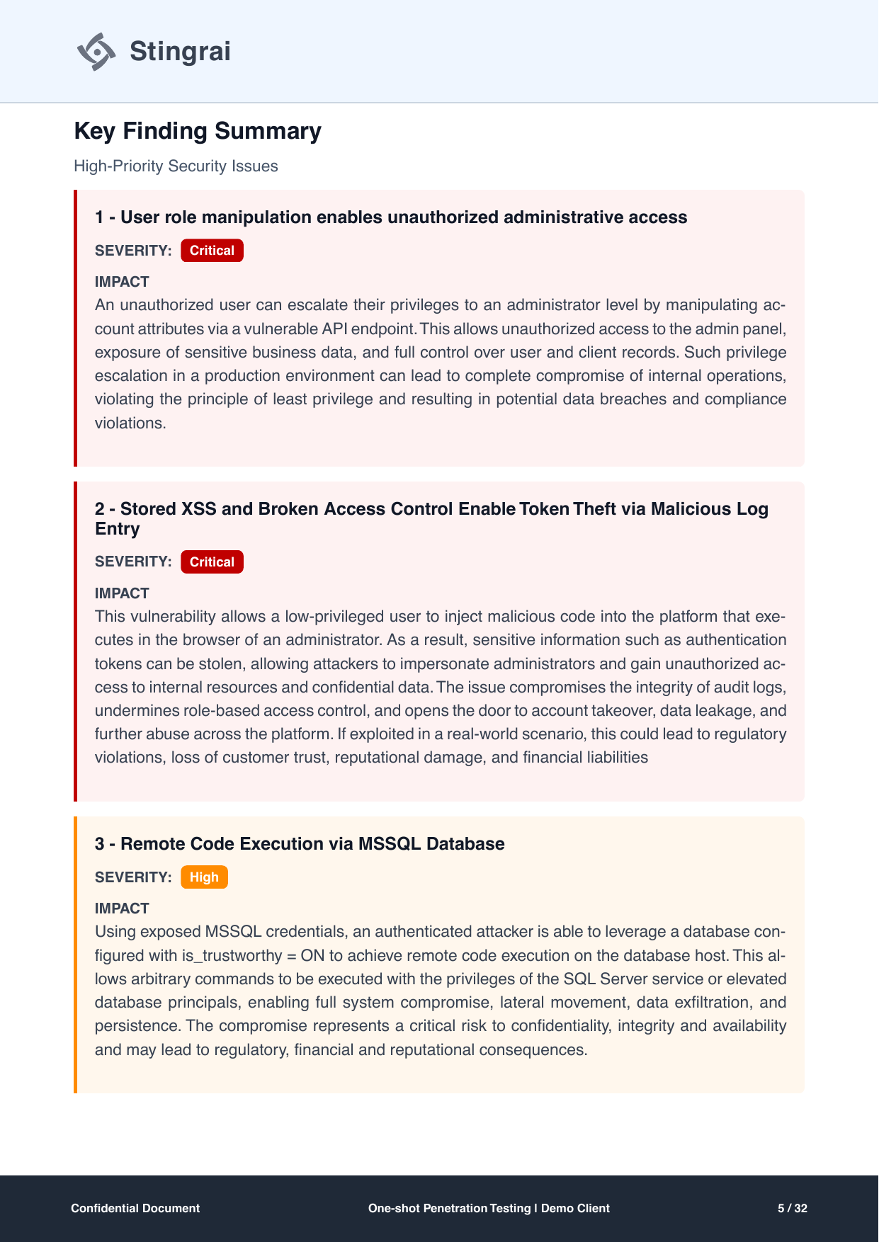 Key finding summary page showing the three highest-priority issues