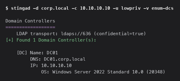 Terminal output of stingad enum-dcs finding domain controller DC01 running Windows Server 2022, negotiating LDAPS on port 636 with a confidential channel, as a low-privileged user.